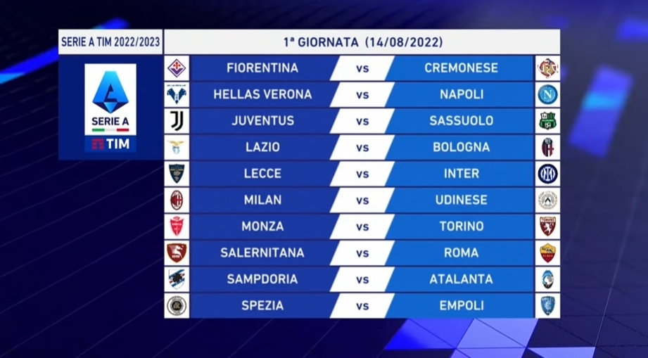 Calendario Serie A 2022/23, prima giornata: Milan-Udinese, Lecce-Inter,  Juve-Sassuolo, Lazio-Bologna, Salernitana-Roma